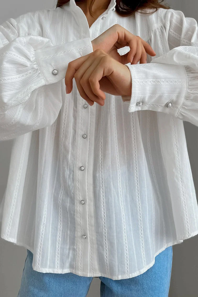 White Cotton Jacquard Stand Collar Blouse - Image 5