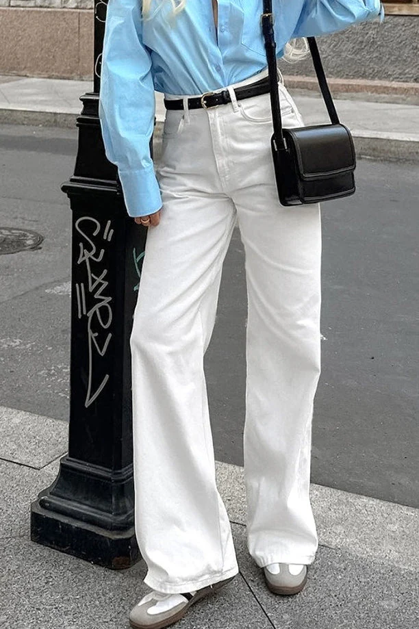 White Cotton Twill High Waisted Straight Leg Jeans - Image 4
