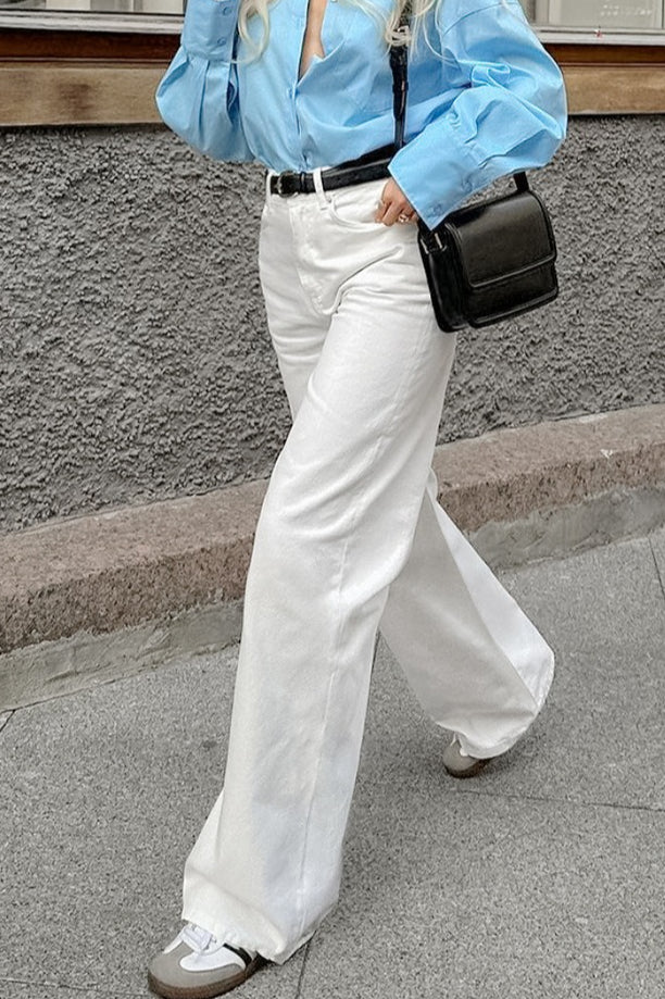 White Cotton Twill High Waisted Straight Leg Jeans - Image 5