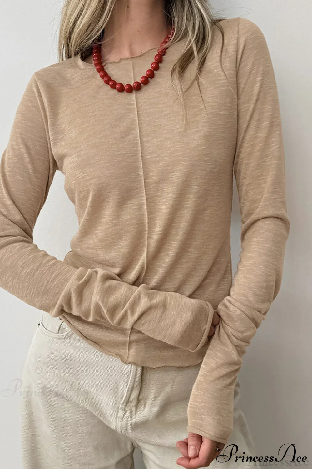 White Crew Neck Knit Panel Long Sleeve Tee - Image 3