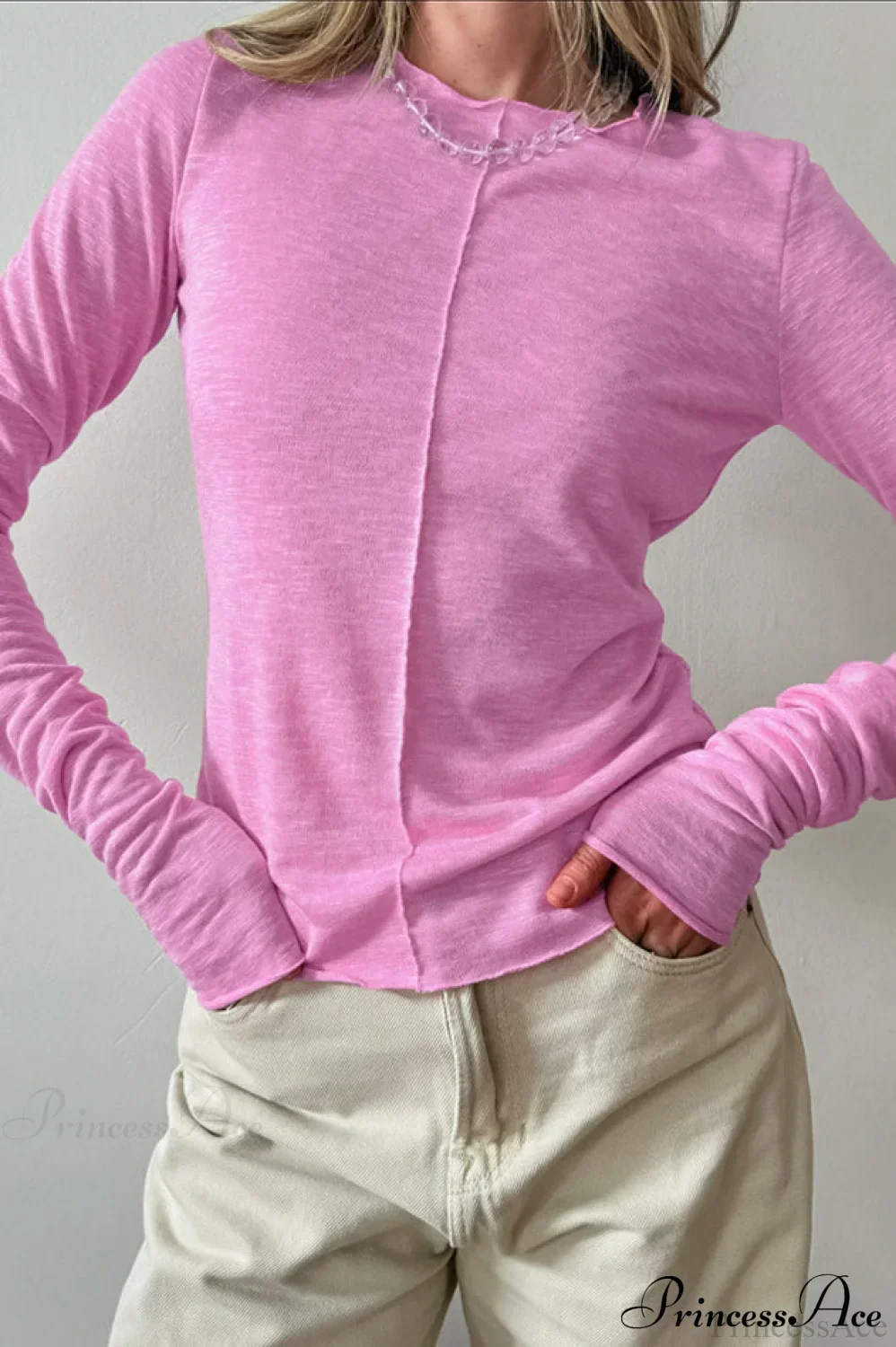 White Crew Neck Knit Panel Long Sleeve Tee - Image 4