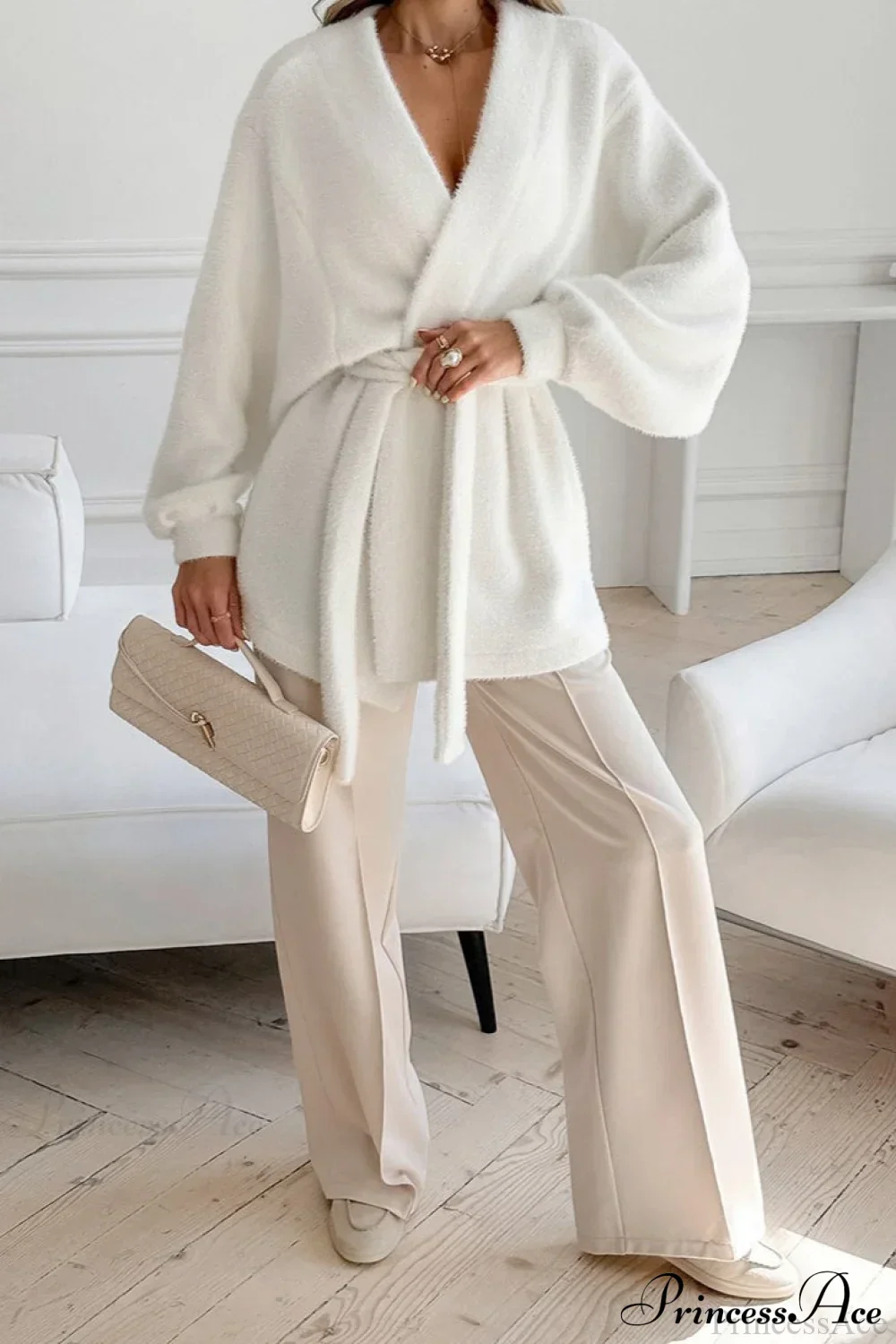 White Faux Fur Thickened Midi Elegant Coat - Image 3