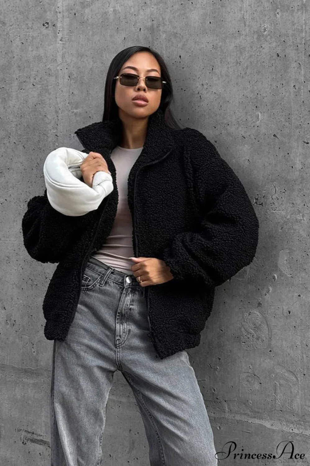White Fleece Collared Warm Commute Coat - Image 6