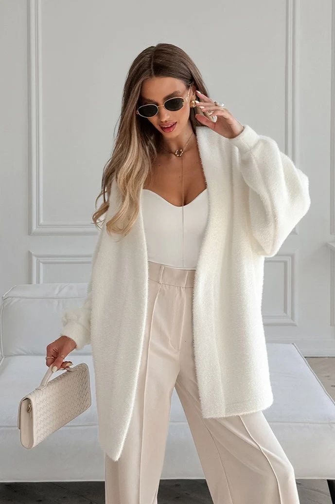 White Fuzzy Tie Waist Mid-Length Relaxed Cardigan - Image 5