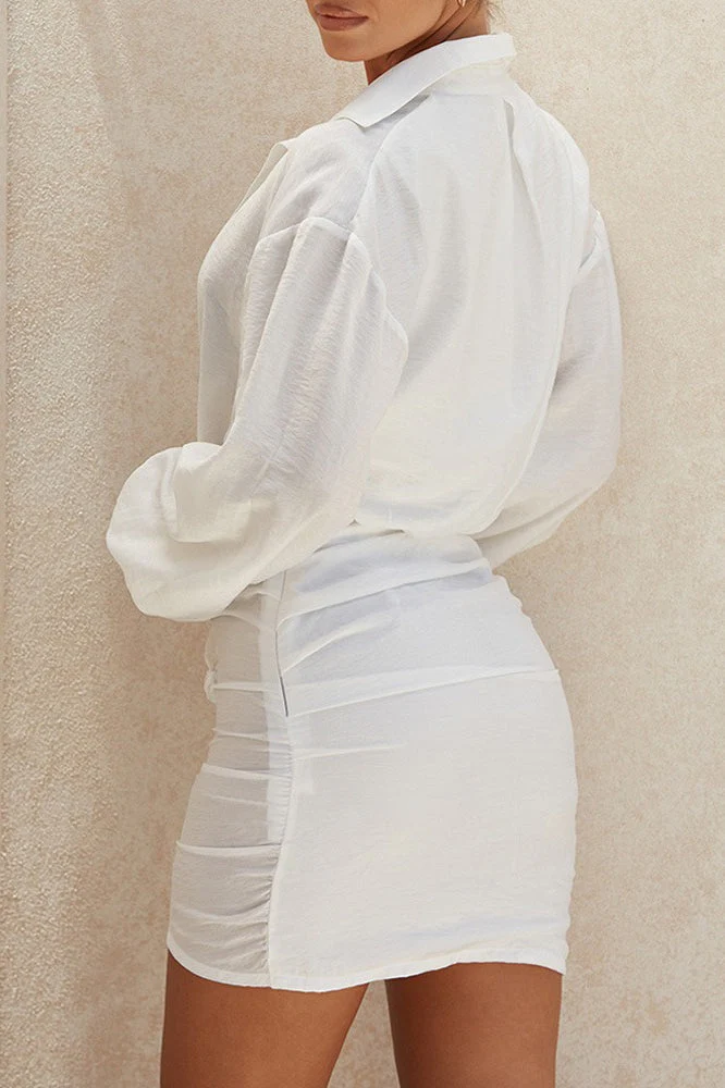 White Linen Plunging V Neck Long Sleeve Shirt Mini Dress - Image 3