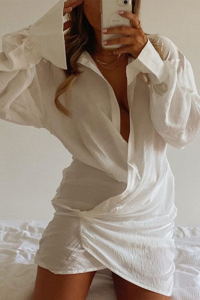 White Linen Plunging V Neck Long Sleeve Shirt Mini Dress - Image 4