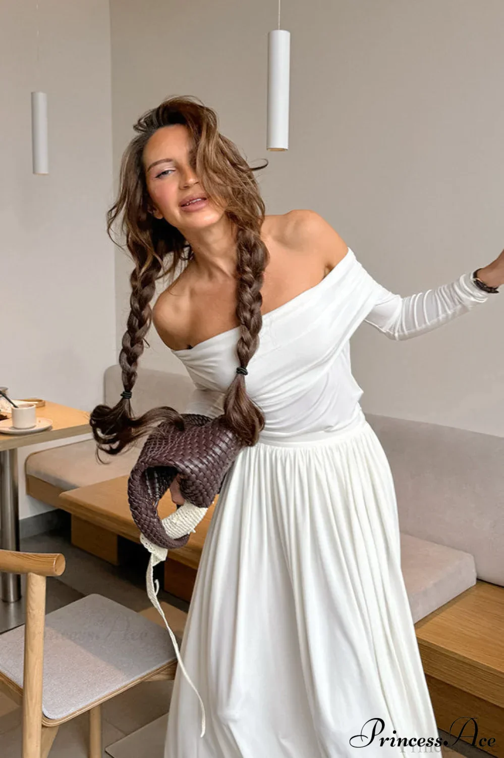 White Long Sleeve Off Shoulder Strapless Maxi Dress - Image 2