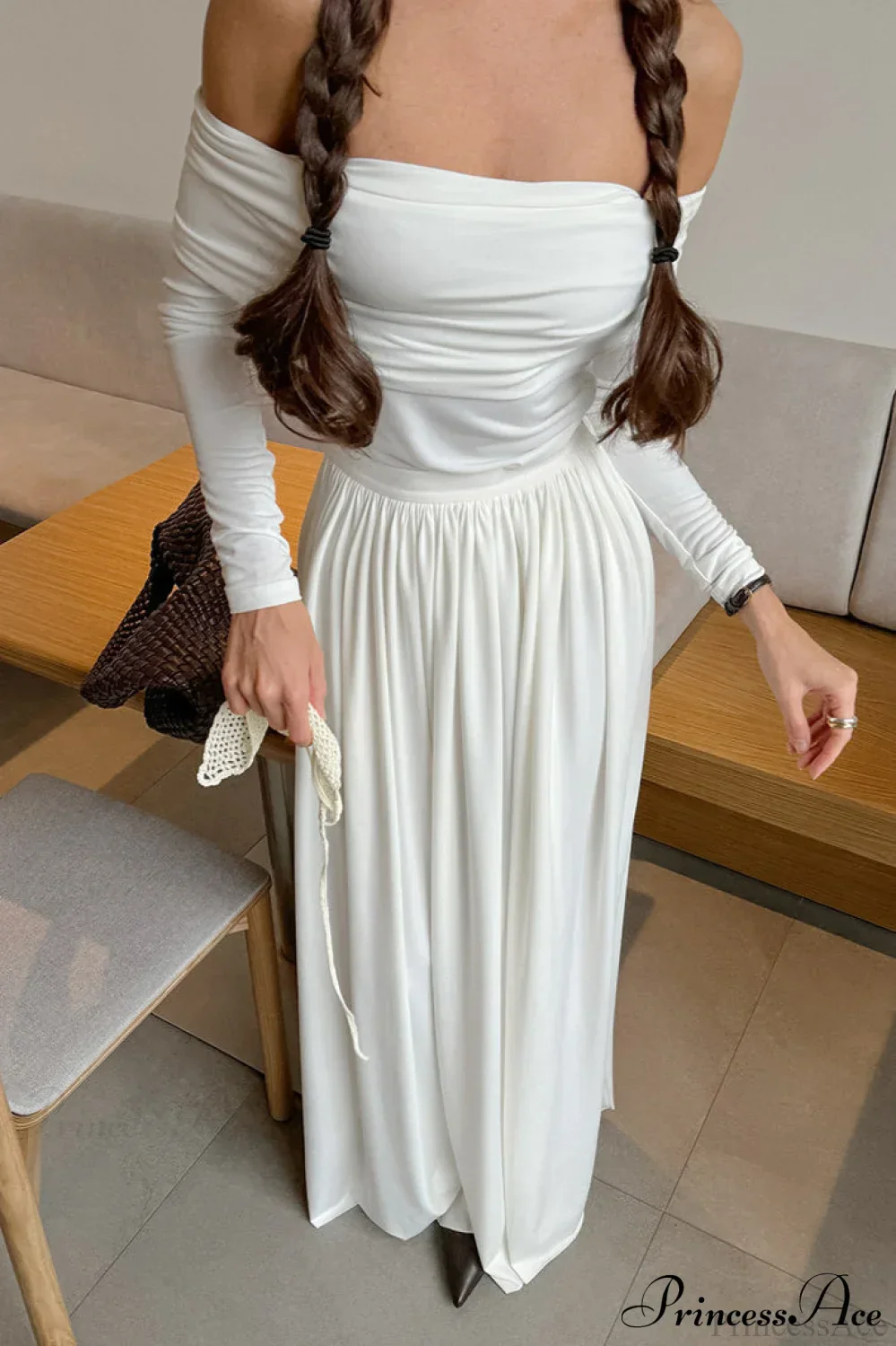White Long Sleeve Off Shoulder Strapless Maxi Dress - Image 3