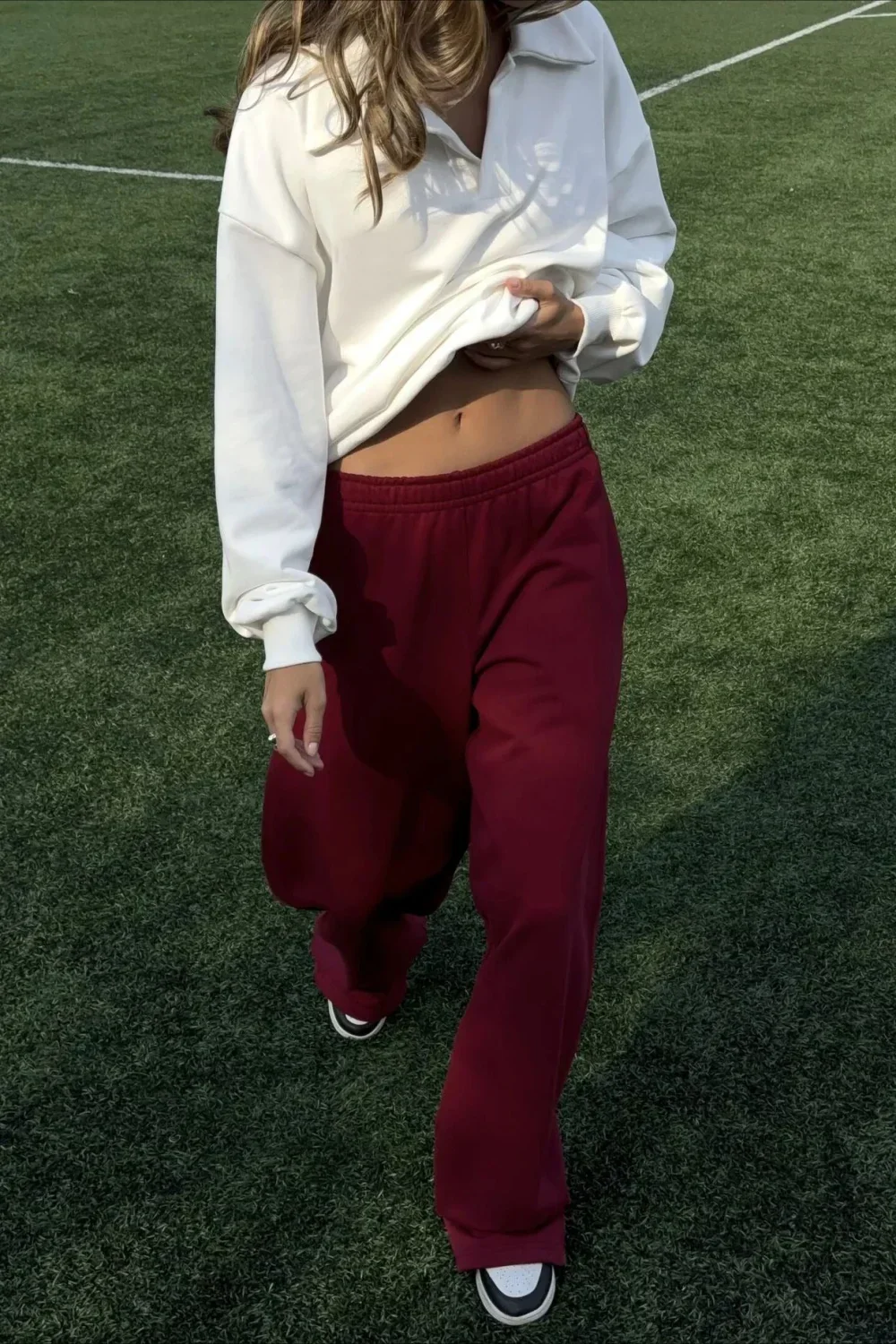 White Loose Top Elastic Red Pants Two Piece Set - Image 2