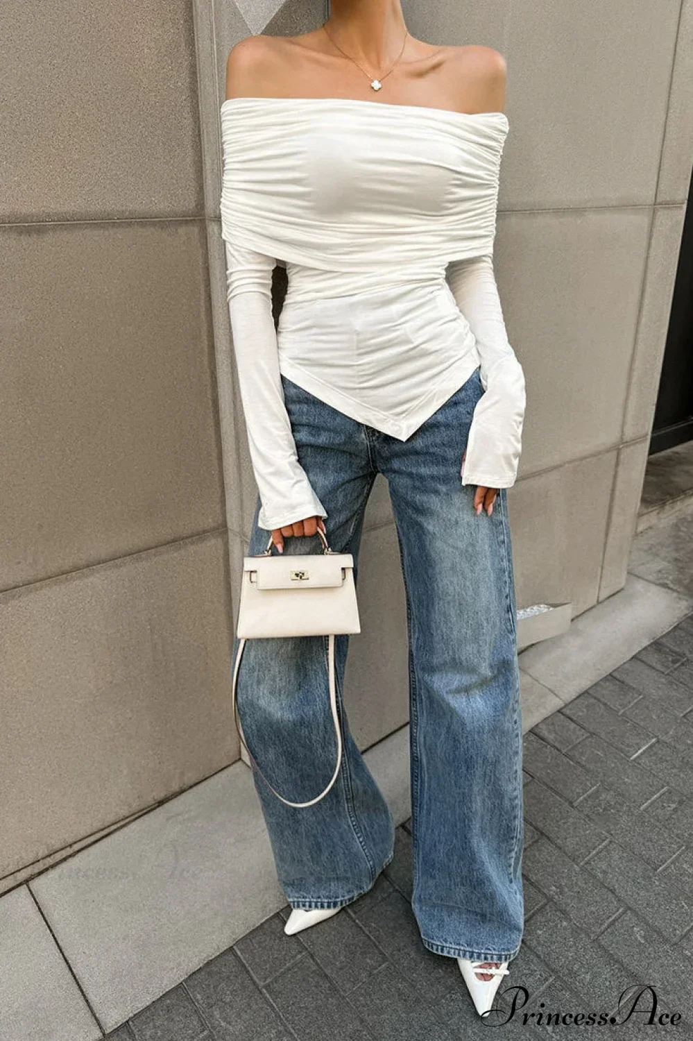 White Off Shoulder Modal Long Sleeve Tee - Image 2