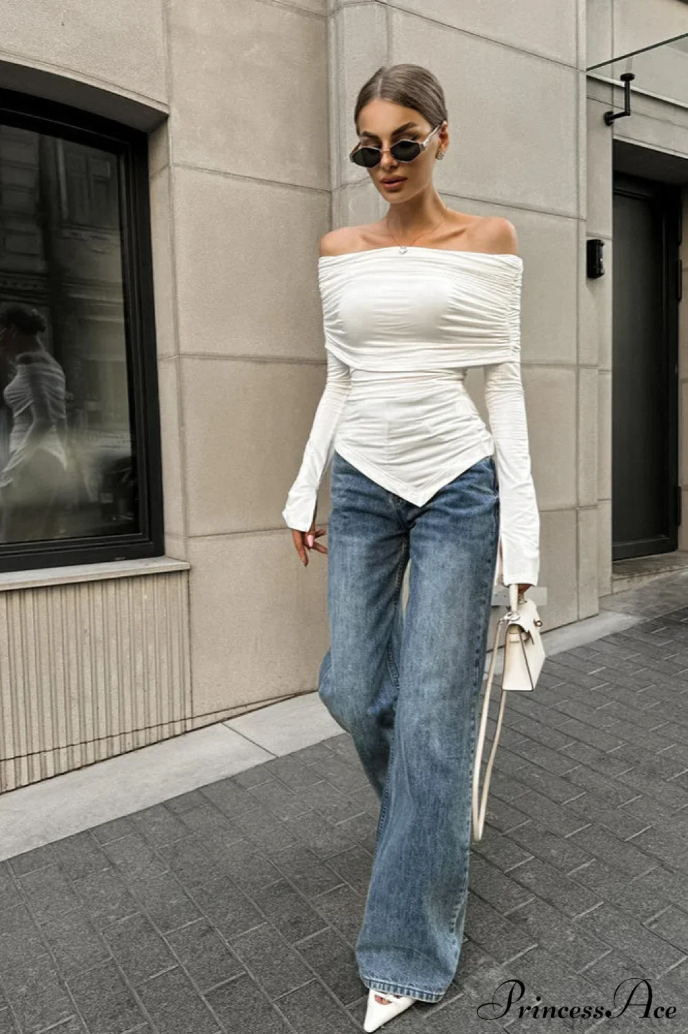 White Off Shoulder Modal Long Sleeve Tee - Image 3