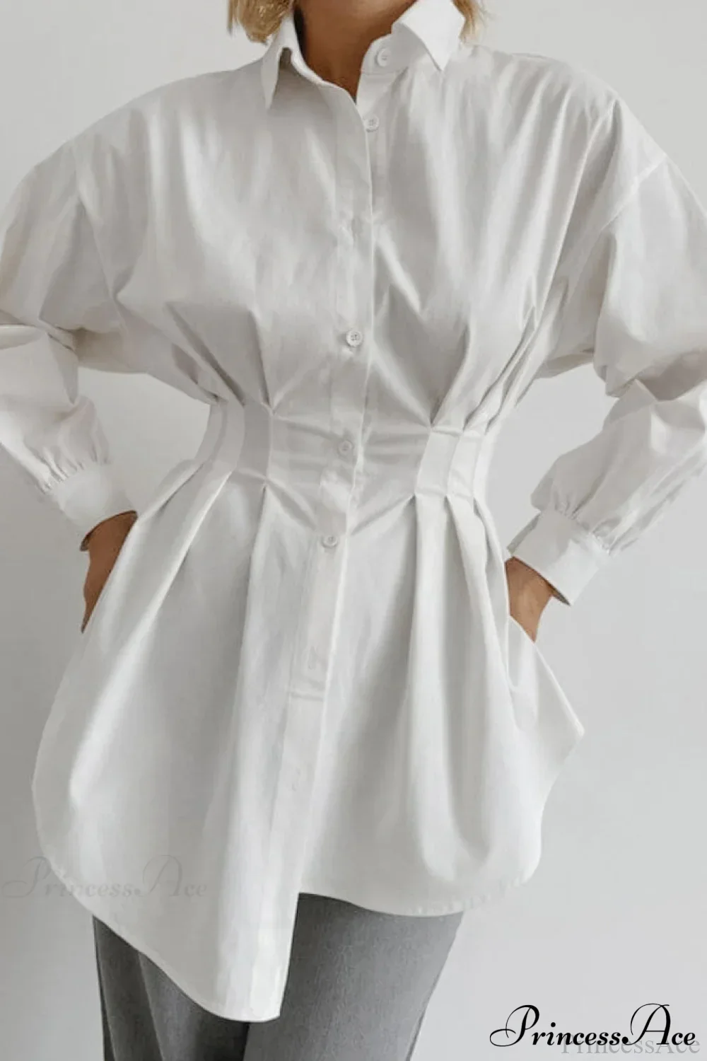 White Pleated Waist Slim Blouse - Image 2