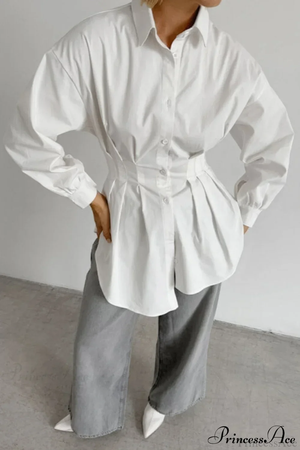 White Pleated Waist Slim Blouse - Image 3