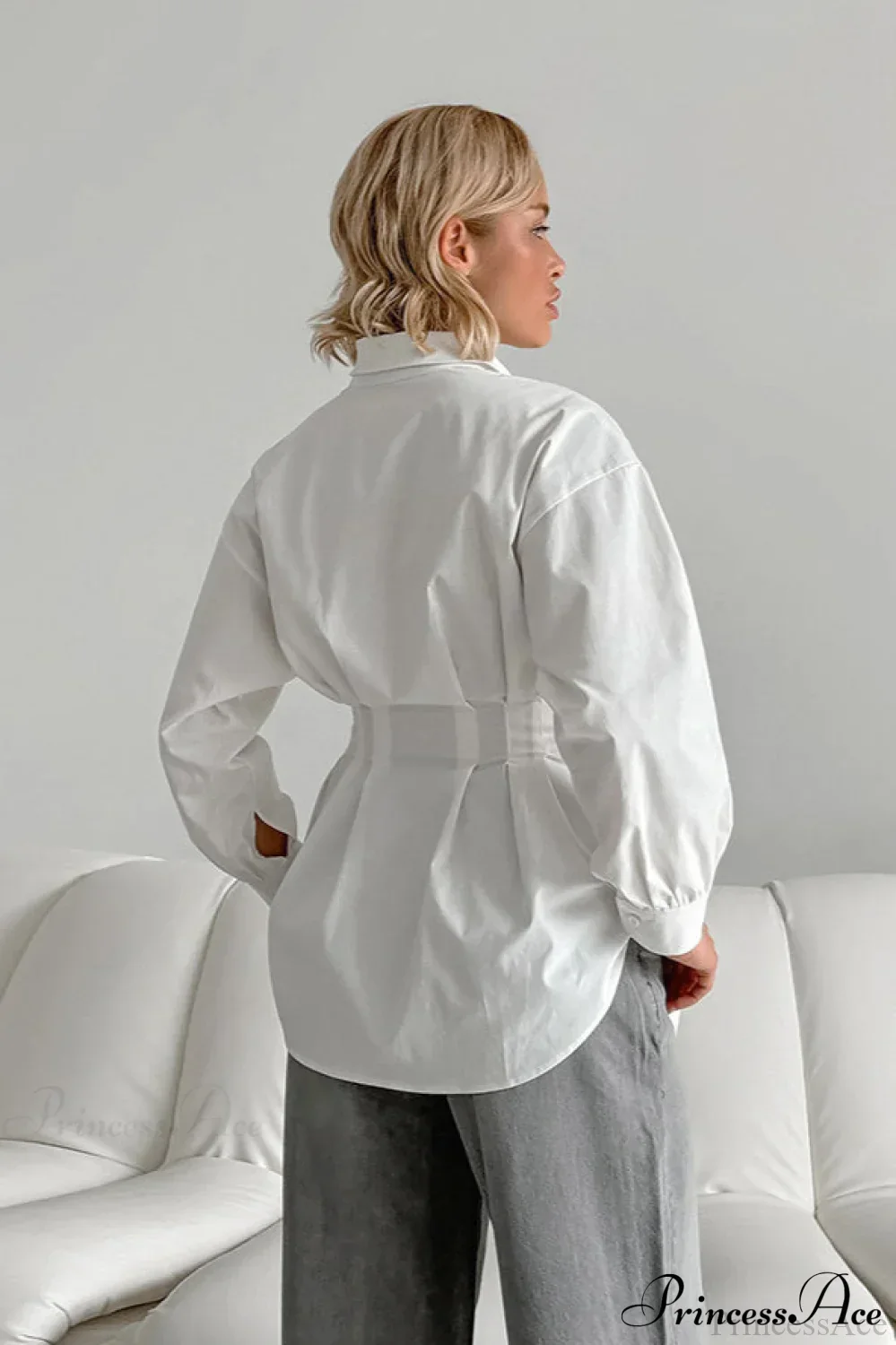 White Pleated Waist Slim Blouse - Image 4