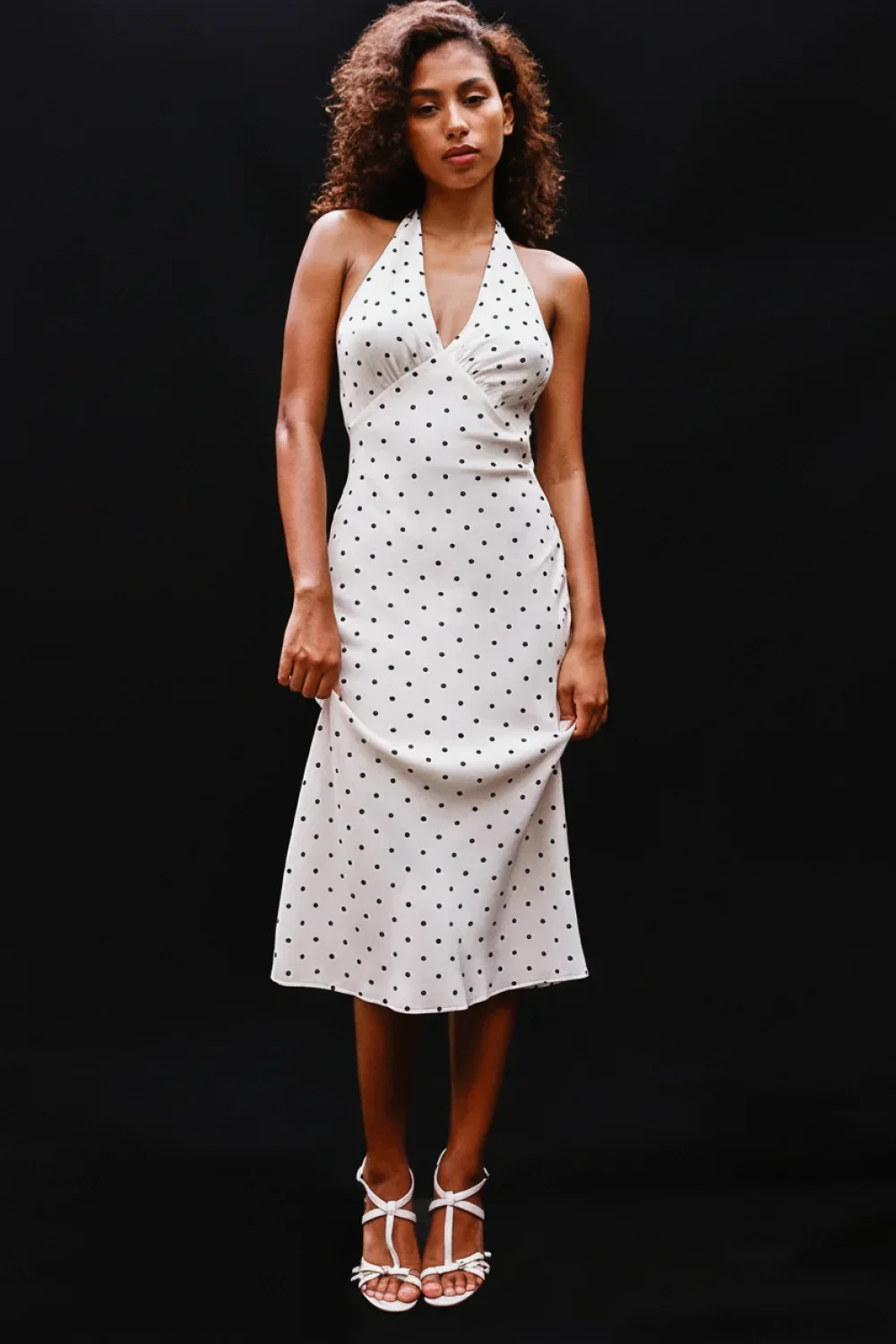 White Polka Dot Halter V-Neck Maxi Dress - Image 4