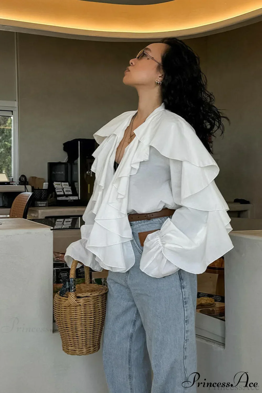 White Ruffled V Neck Flared Sleeve Blouse - Image 2