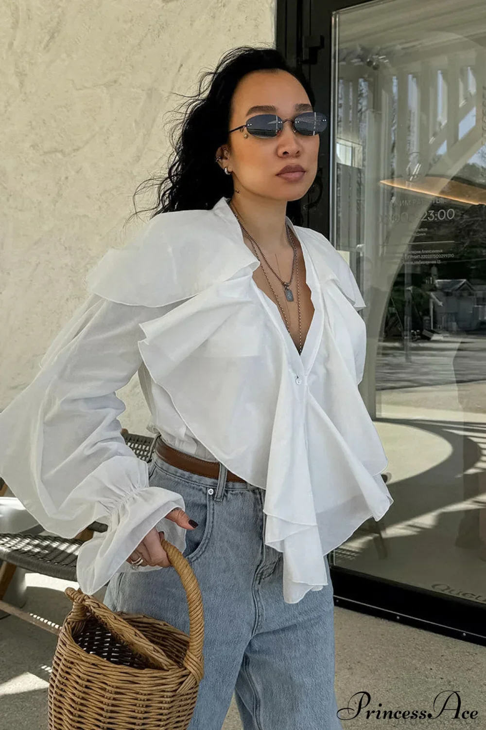 White Ruffled V Neck Flared Sleeve Blouse - Image 3