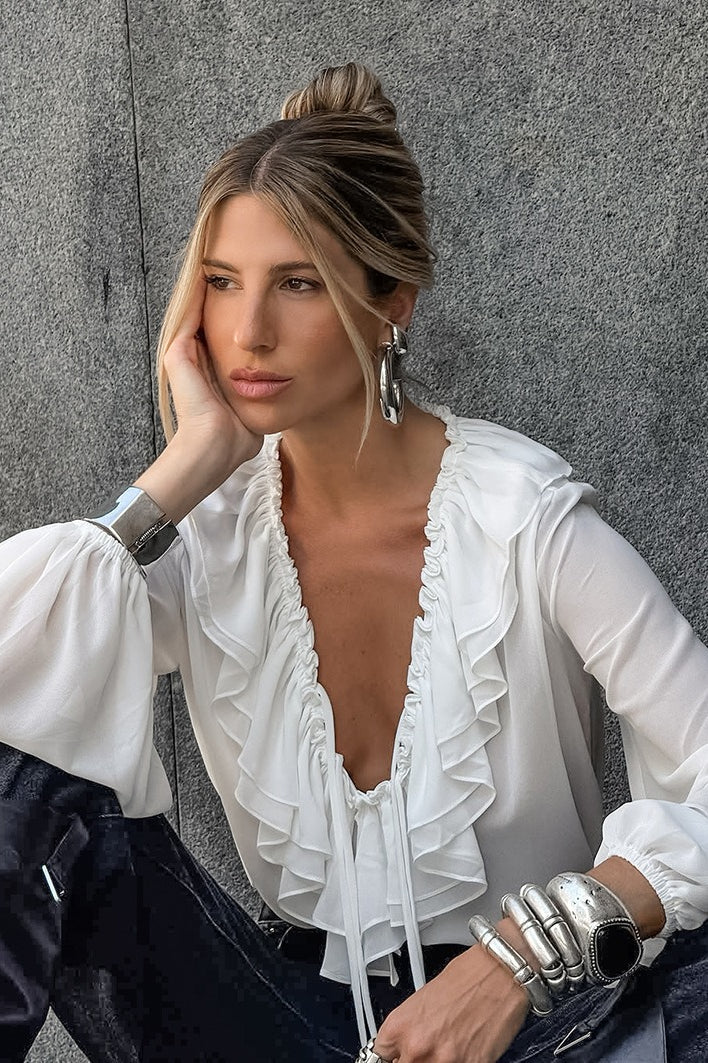 White Ruffled V Neck Lantern Sleeve Blouse - Image 3
