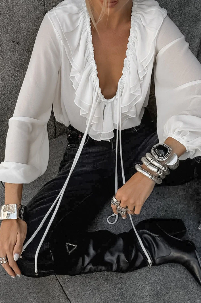 White Ruffled V Neck Lantern Sleeve Blouse - Image 4