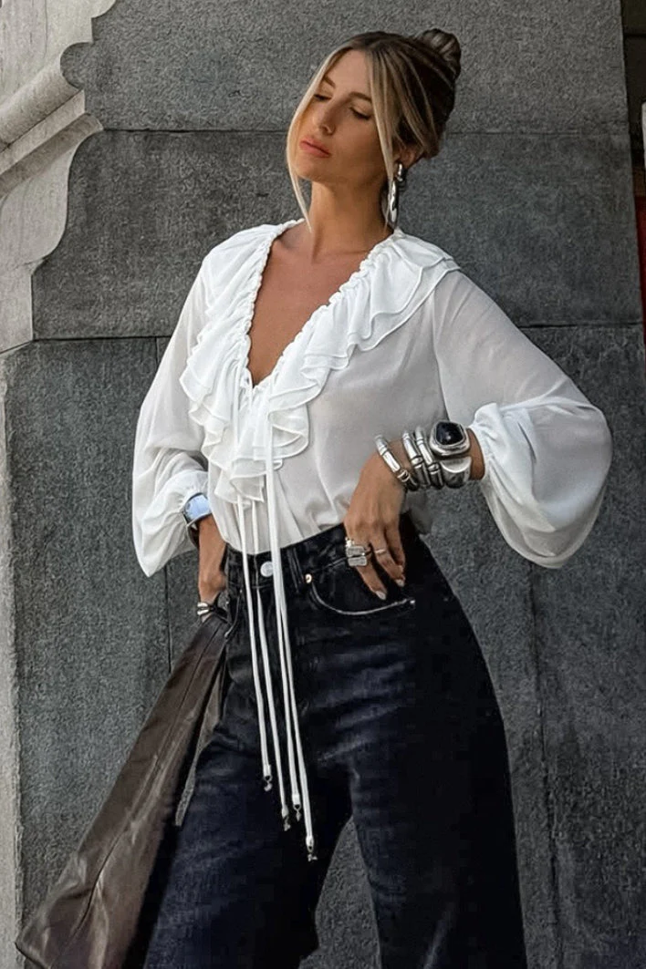 White Ruffled V Neck Lantern Sleeve Blouse - Image 5