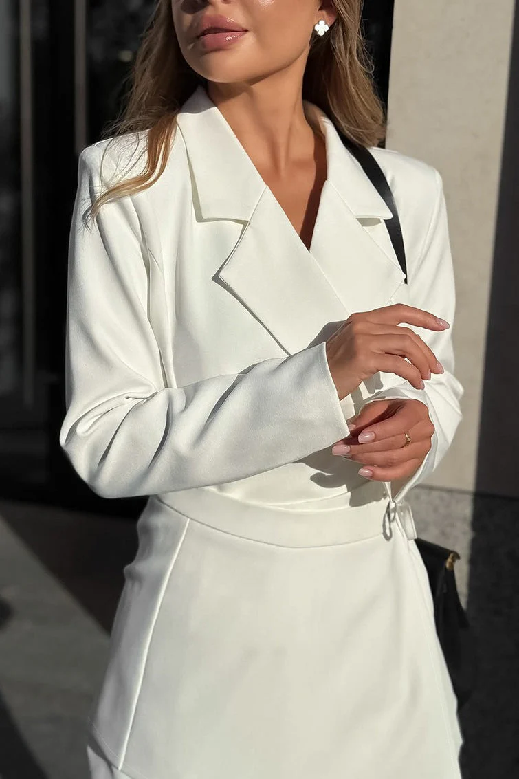 White Tailored Wrap Waist A Line Elegant Mini Dress - Image 4