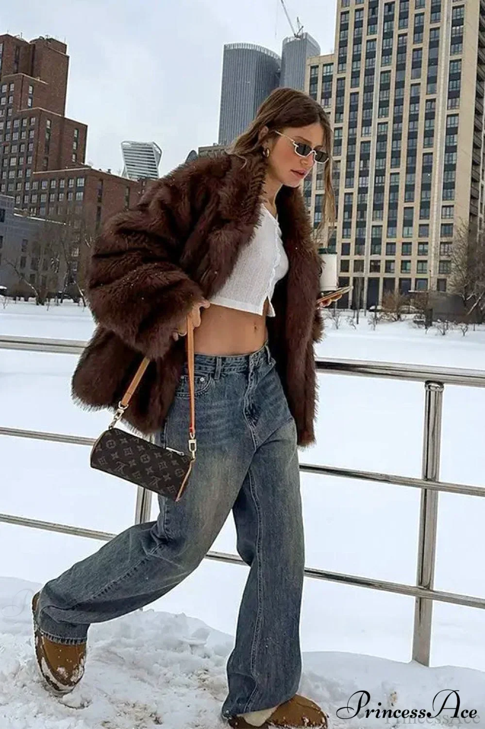 White Tip-Dyed Faux Fox Fur Mid-Length Coat - Image 10