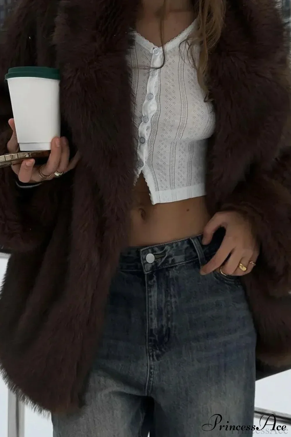 White Tip-Dyed Faux Fox Fur Mid-Length Coat - Image 11