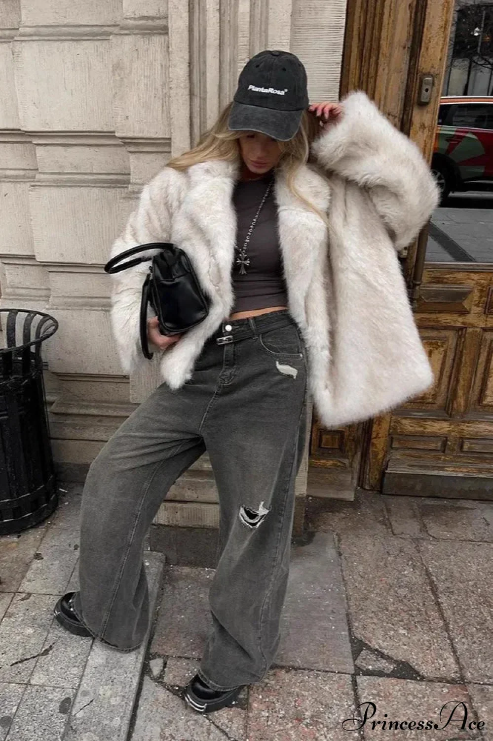 White Tip-Dyed Faux Fox Fur Mid-Length Coat - Image 2