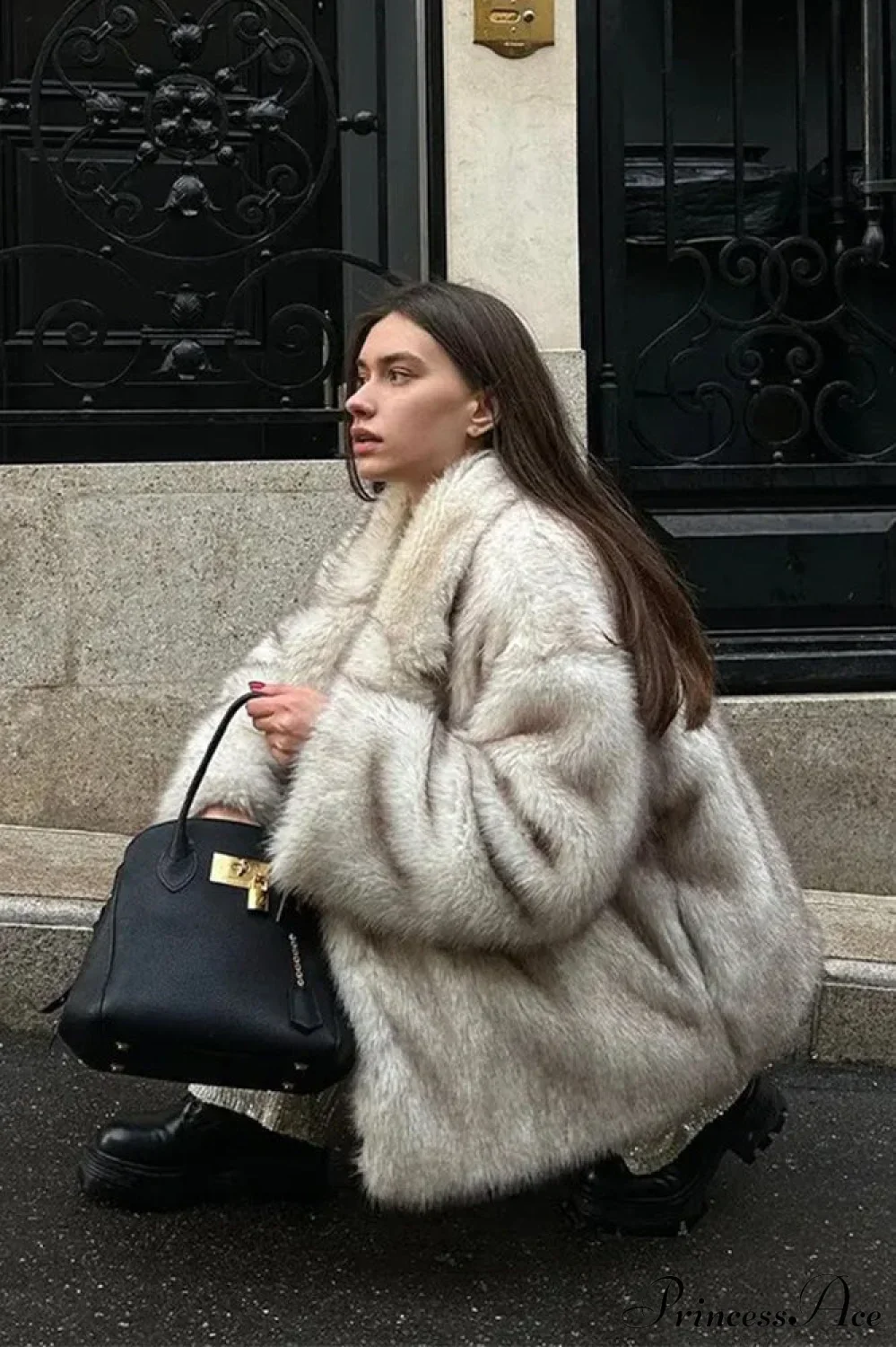 White Tip-Dyed Faux Fox Fur Mid-Length Coat - Image 3