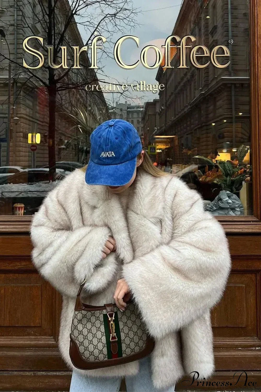 White Tip-Dyed Faux Fox Fur Mid-Length Coat - Image 4