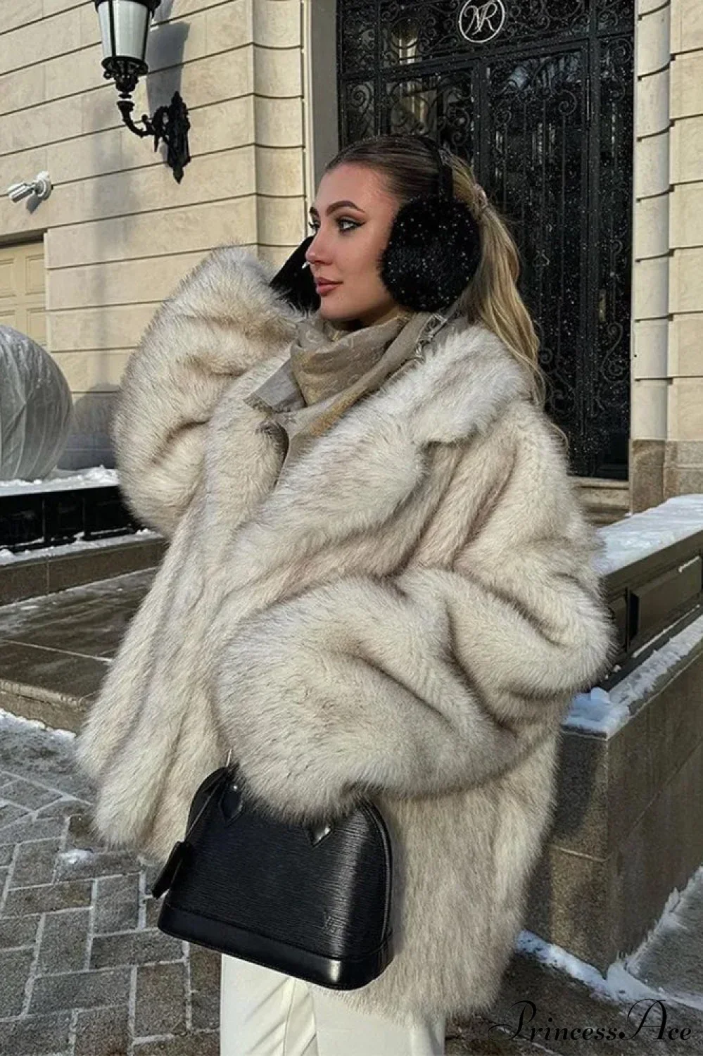 White Tip-Dyed Faux Fox Fur Mid-Length Coat - Image 5