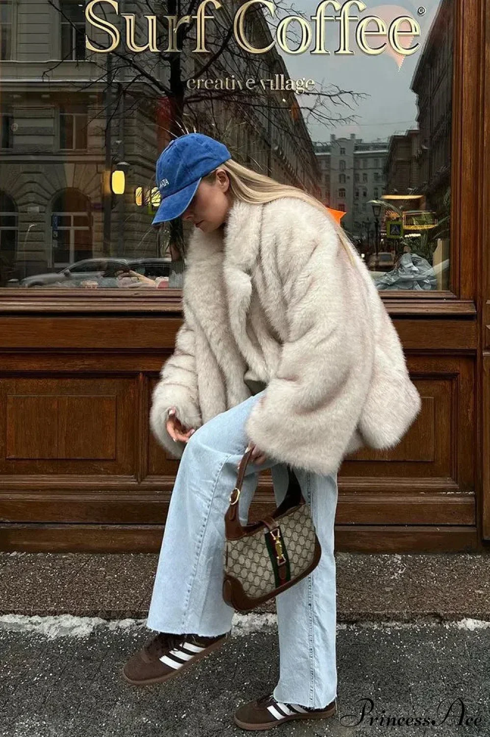 White Tip-Dyed Faux Fox Fur Mid-Length Coat - Image 6
