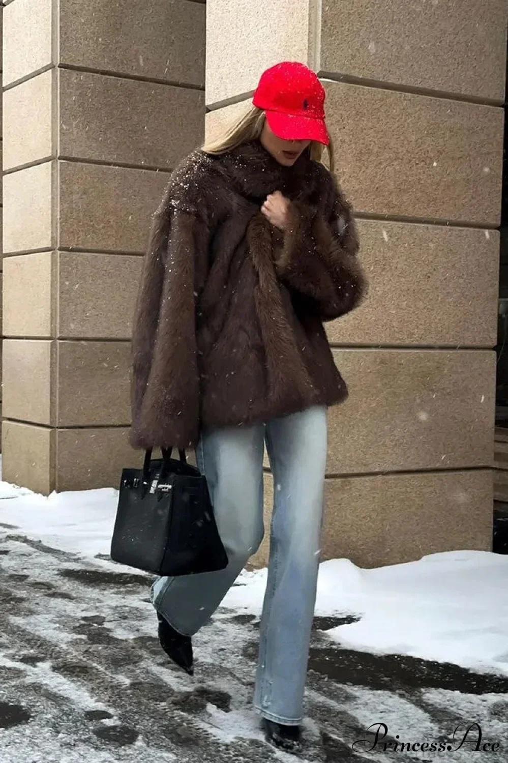 White Tip-Dyed Faux Fox Fur Mid-Length Coat - Image 9