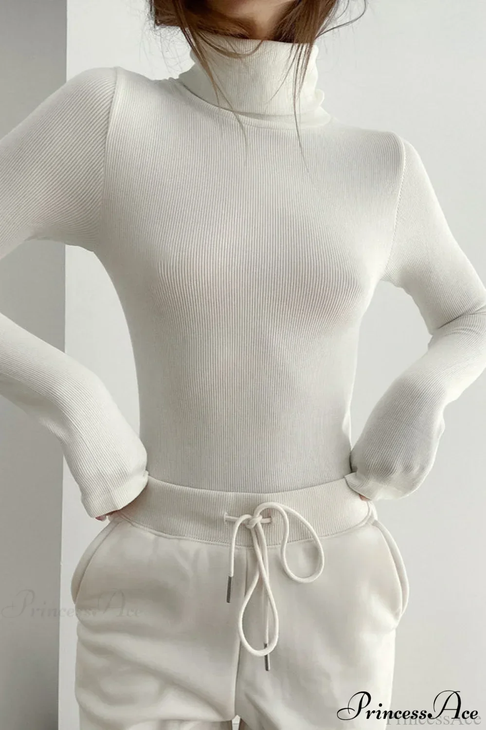 White Turtleneck Slim Knit Long Sleeve Tee - Image 2