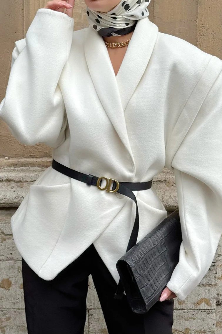 White Wool Thickened Belted Collared Mid-Coat - Image 2