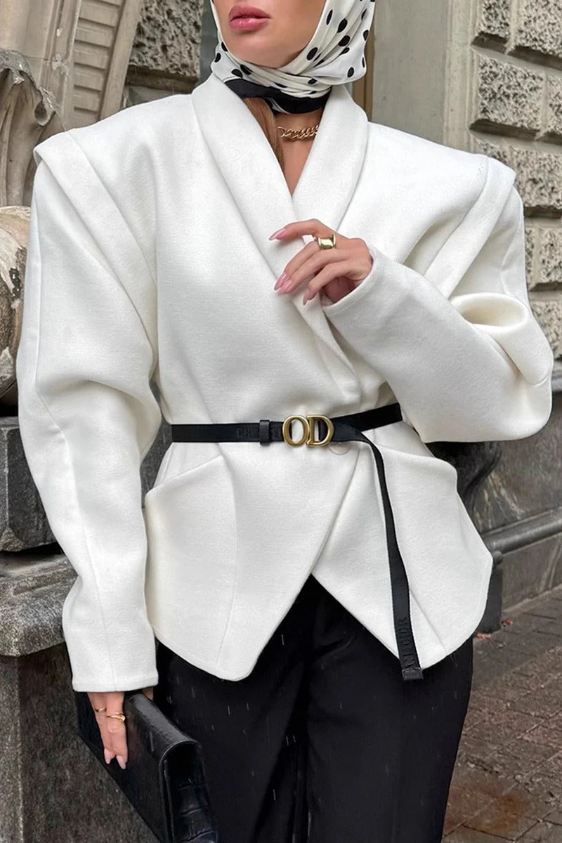 White Wool Thickened Belted Collared Mid-Coat - Image 4