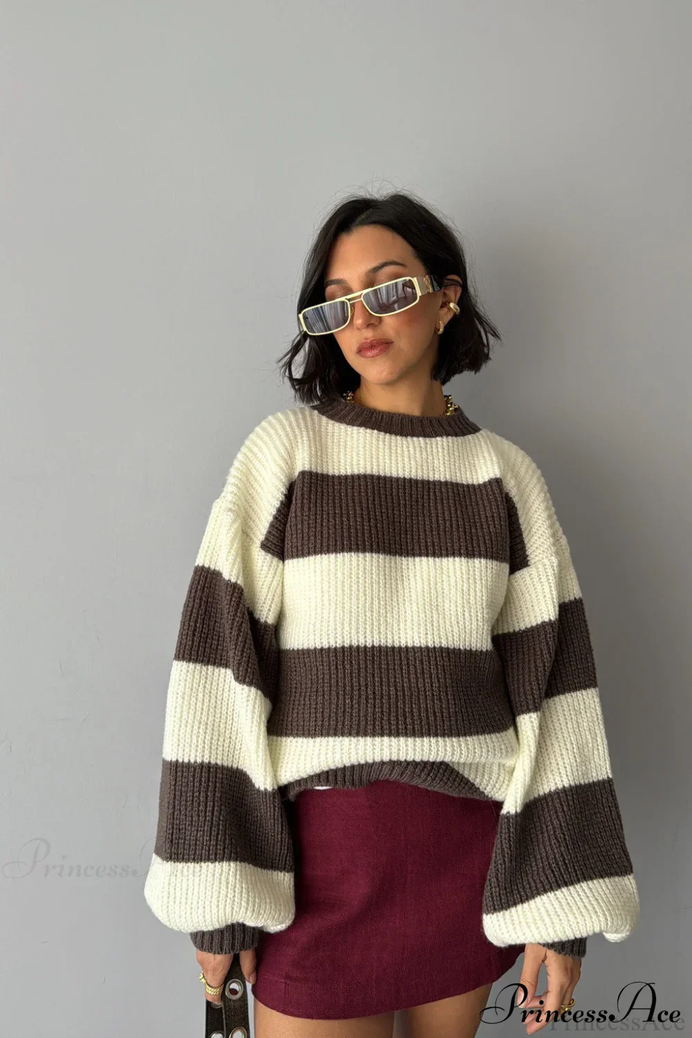 Wide Stripe Colorblock Oversized Crew Neck Pullover Sweater - Image 2
