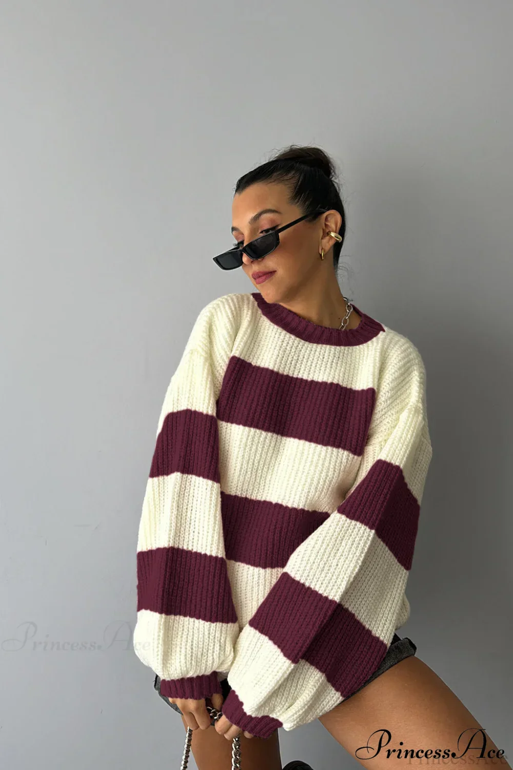 Wide Stripe Colorblock Oversized Crew Neck Pullover Sweater - Image 3