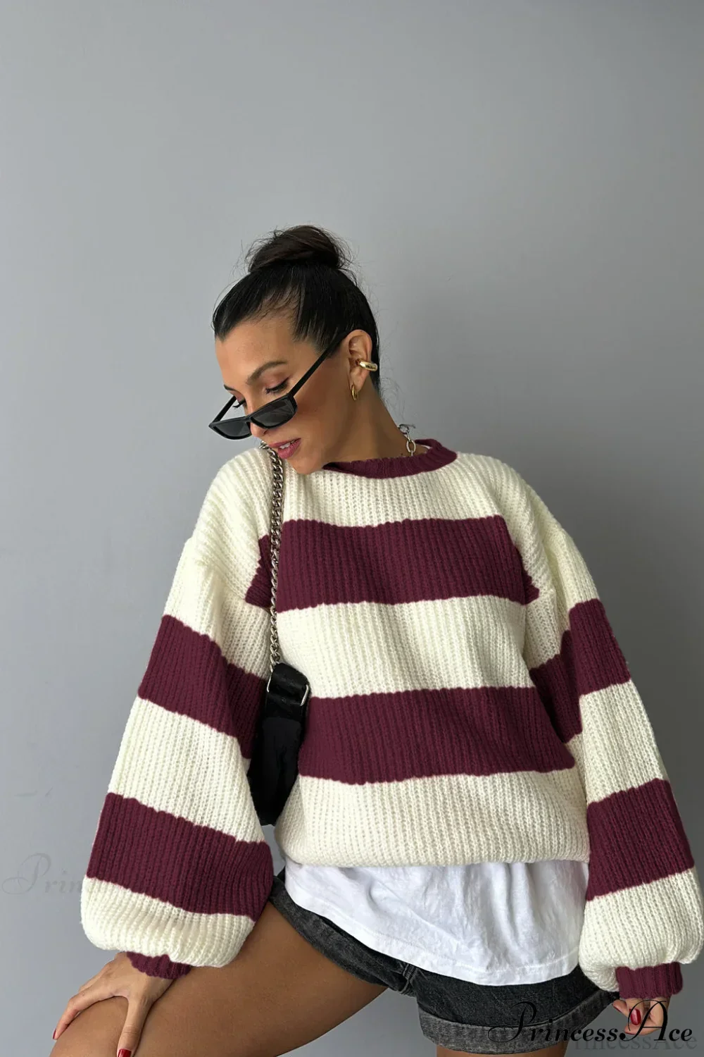 Wide Stripe Colorblock Oversized Crew Neck Pullover Sweater - Image 4