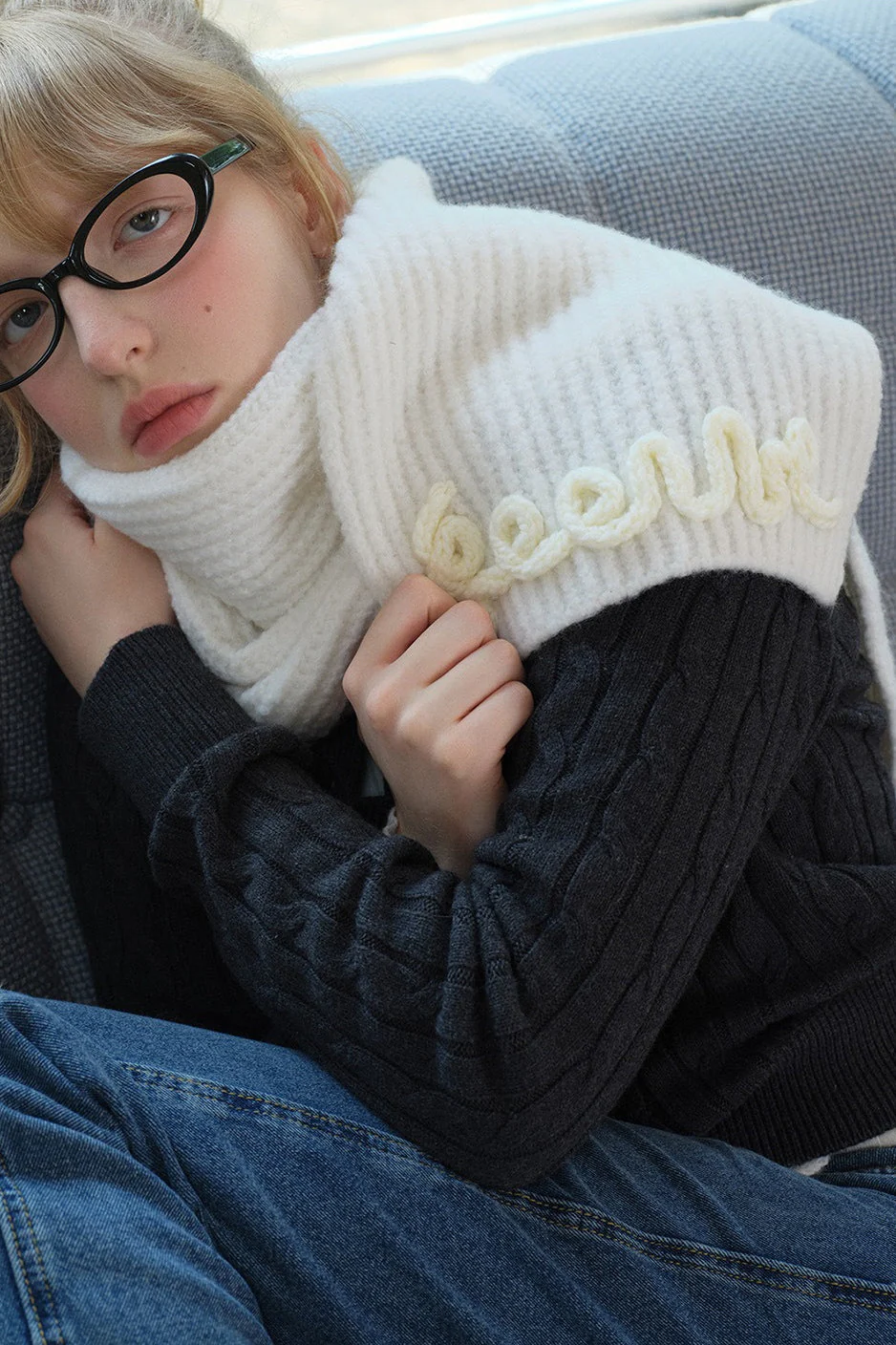 Wool Blend 3D Hand-Crocheted Letter Solid Scarf - Image 2