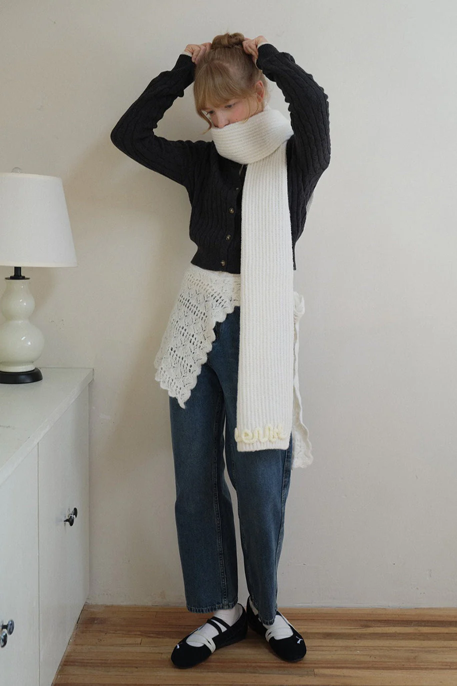 Wool Blend 3D Hand-Crocheted Letter Solid Scarf - Image 3