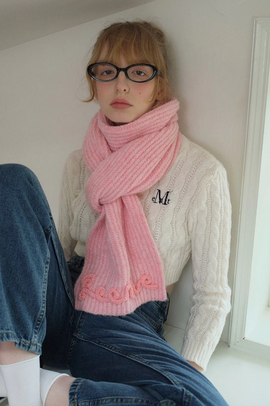 Wool Blend 3D Hand-Crocheted Letter Solid Scarf - Image 7