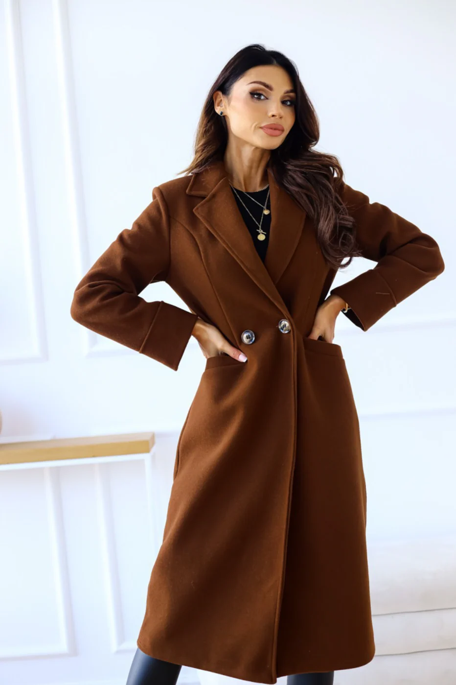 Wool Blend Double Breasted Lapel Elegant Overcoat - Image 8
