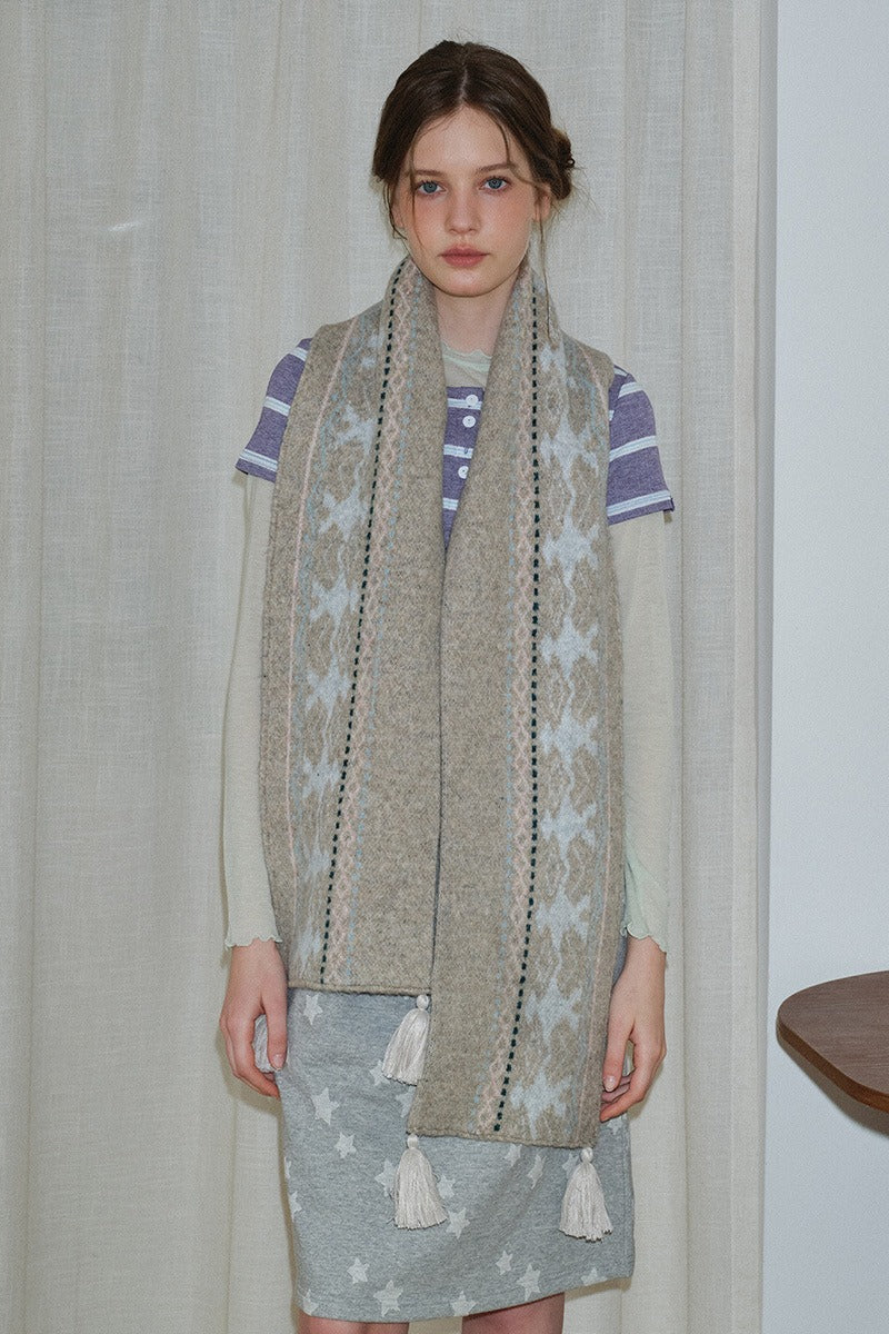 Wool Blend Fair Isle Fringed Soft Scarf - Image 2