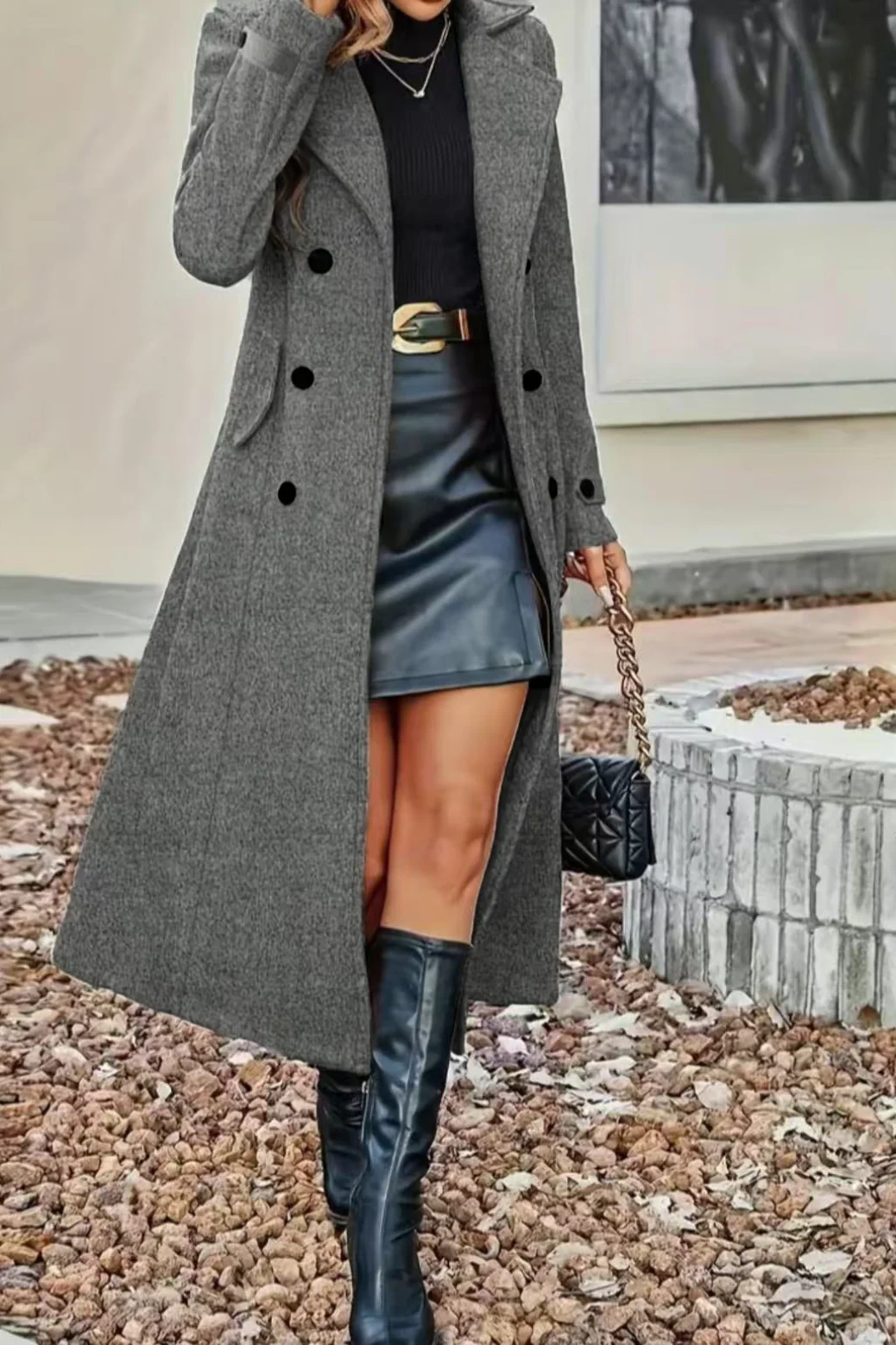 Wool Blend Lapel Double Breasted Chic Overcoat - Image 10