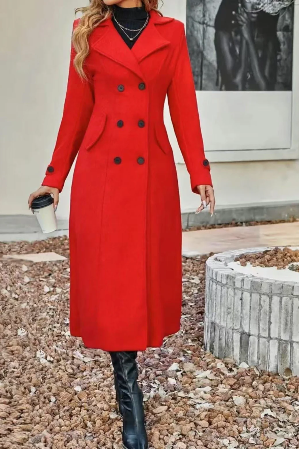 Wool Blend Lapel Double Breasted Chic Overcoat - Image 2