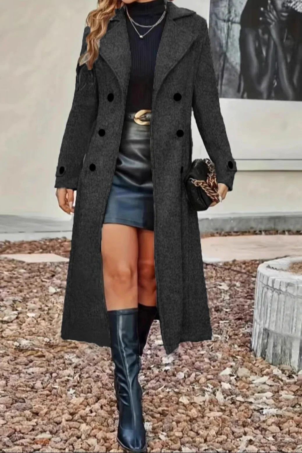 Wool Blend Lapel Double Breasted Chic Overcoat - Image 4