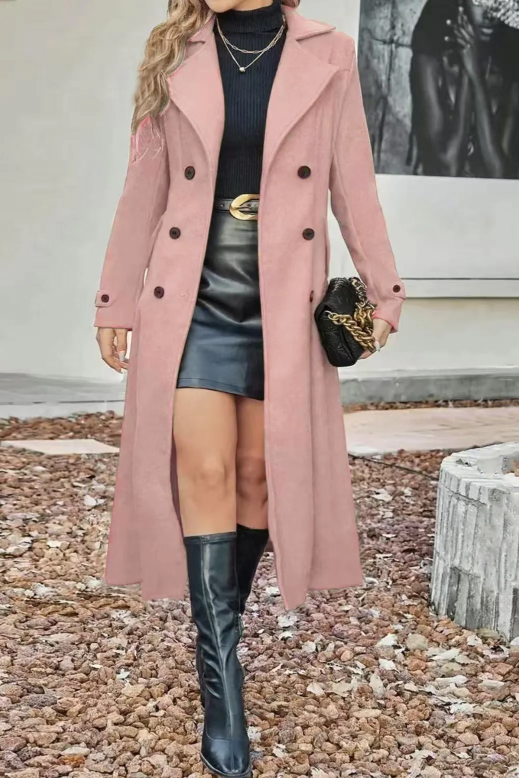 Wool Blend Lapel Double Breasted Chic Overcoat - Image 5
