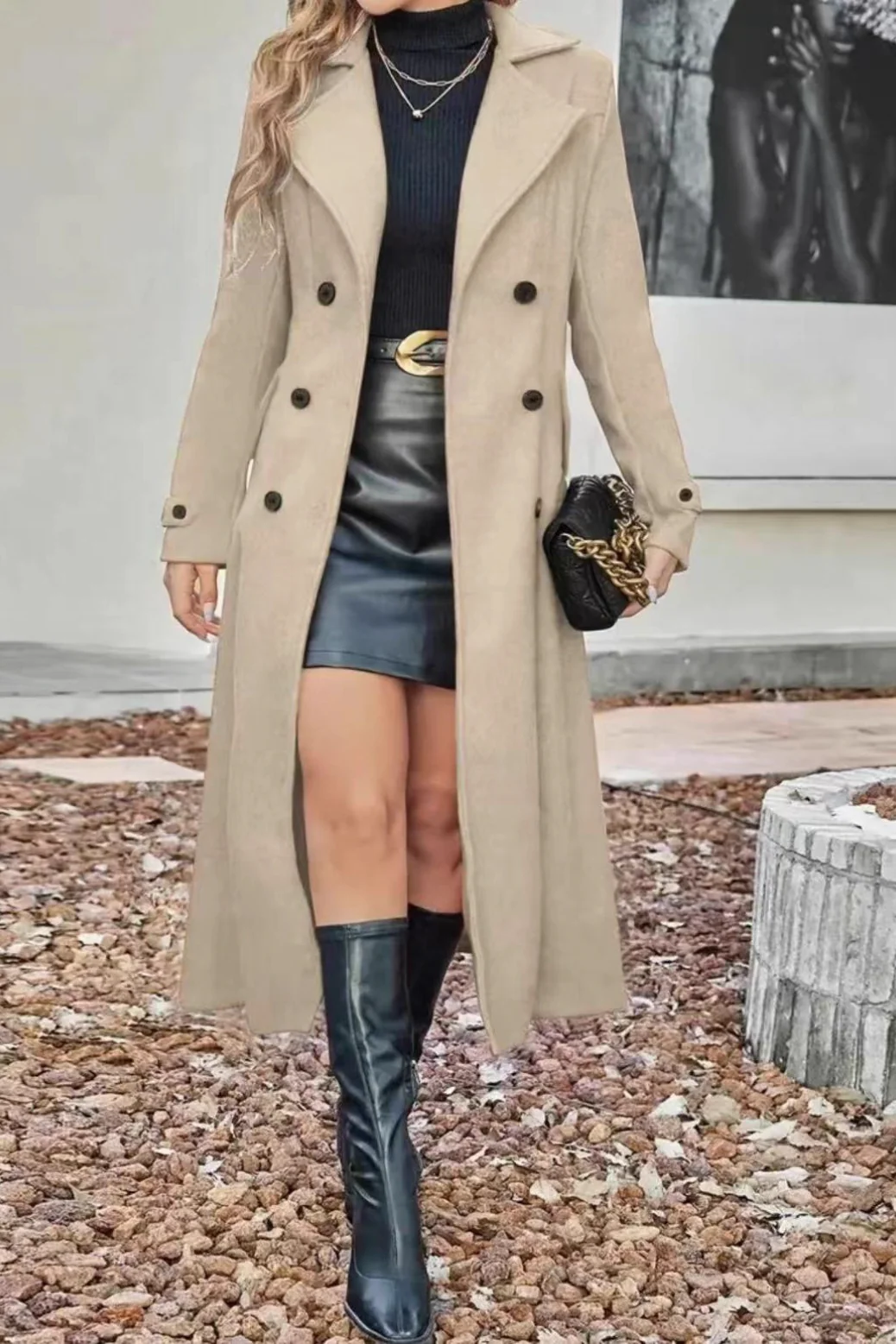 Wool Blend Lapel Double Breasted Chic Overcoat - Image 7