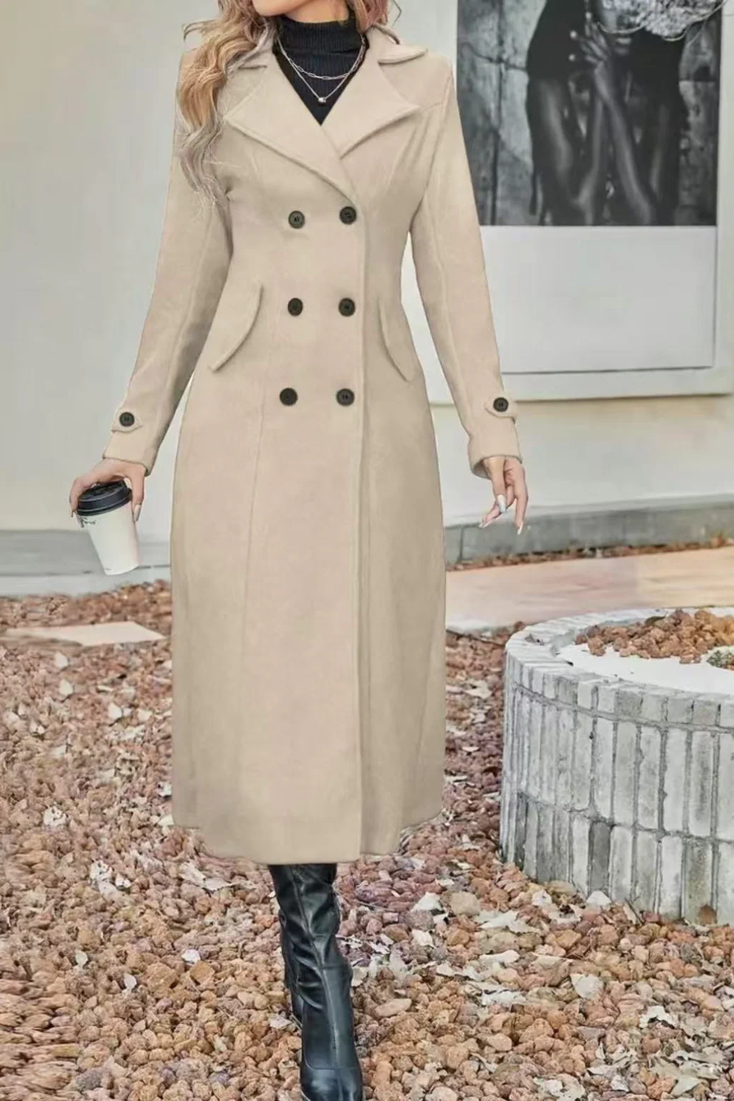 Wool Blend Lapel Double Breasted Chic Overcoat - Image 8